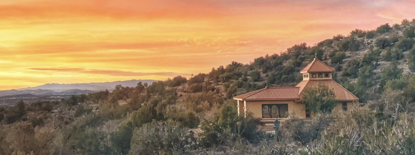 Triveni Ashram, Arizona — temple at sunset
